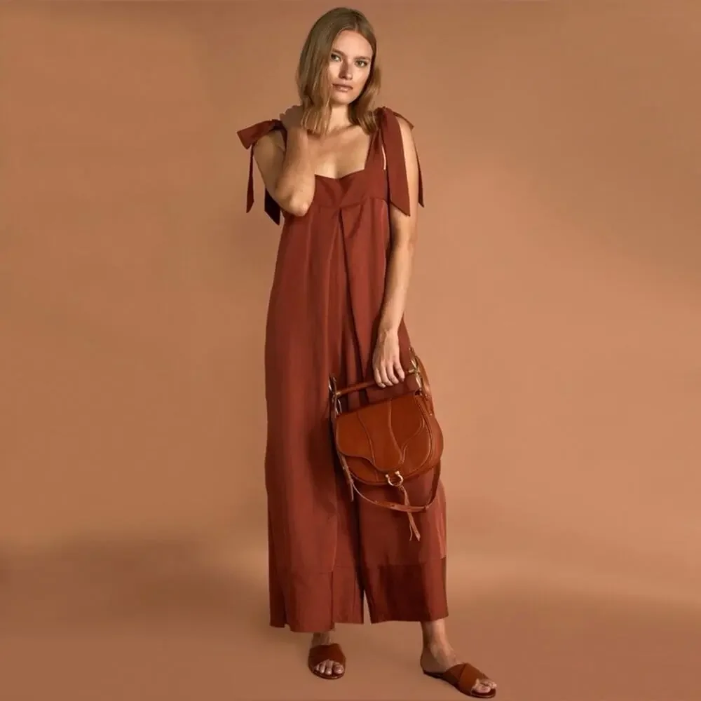 SANCIA The Label Thalita Jumpsuit Romper Shoulder Tie Front Leg SplitRust Medium - Picture 1 of 16